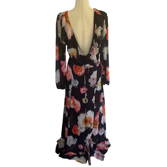 GB GIANNI BINI FLORAL PLUNGE CRISS CROSS MAXI DRESS IN BLACK PRE-OWNED MEDIUM - Picture 2 of 14